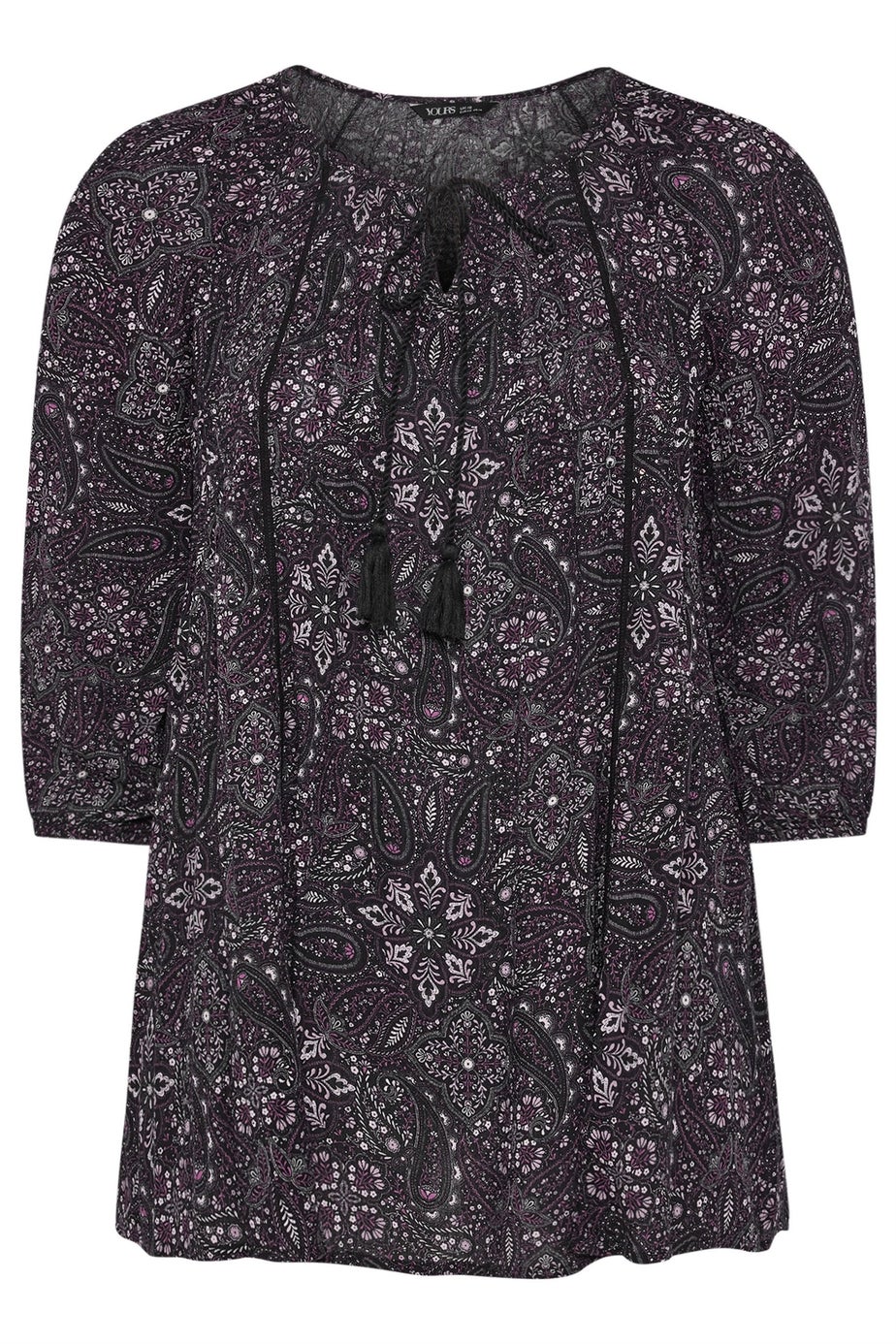 Yours Curve Black Paisley Tie Neck Top