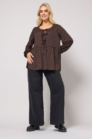 Yours Curve Chocolate Brown Polka Dot Peplum Top