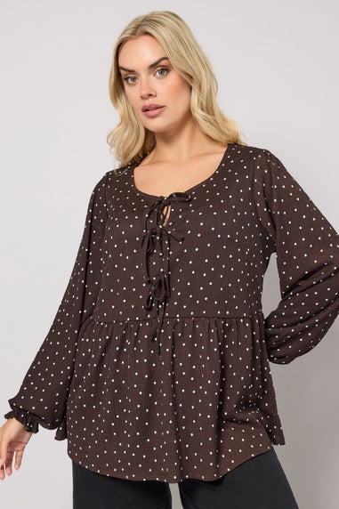 Yours Curve Chocolate Brown Polka Dot Peplum Top