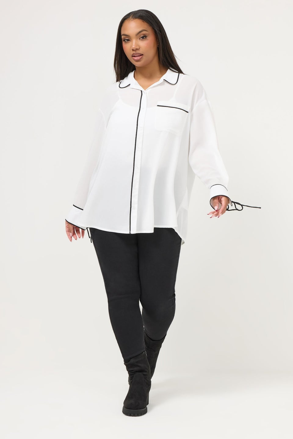 Yours Curve White Contrast Seam Long Sleeve Blouse
