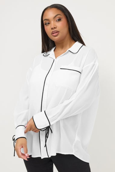 Yours Curve White Contrast Seam Long Sleeve Blouse