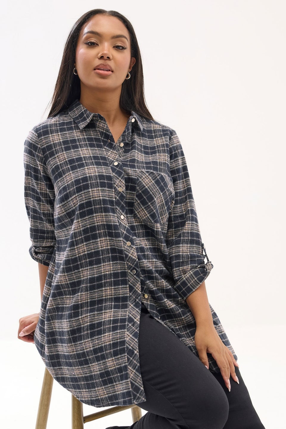 Yours Curve Navy Blue Check Boyfriend Shirt