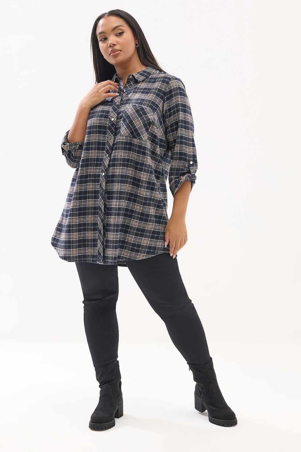 Yours Curve Navy Blue Check Boyfriend Shirt
