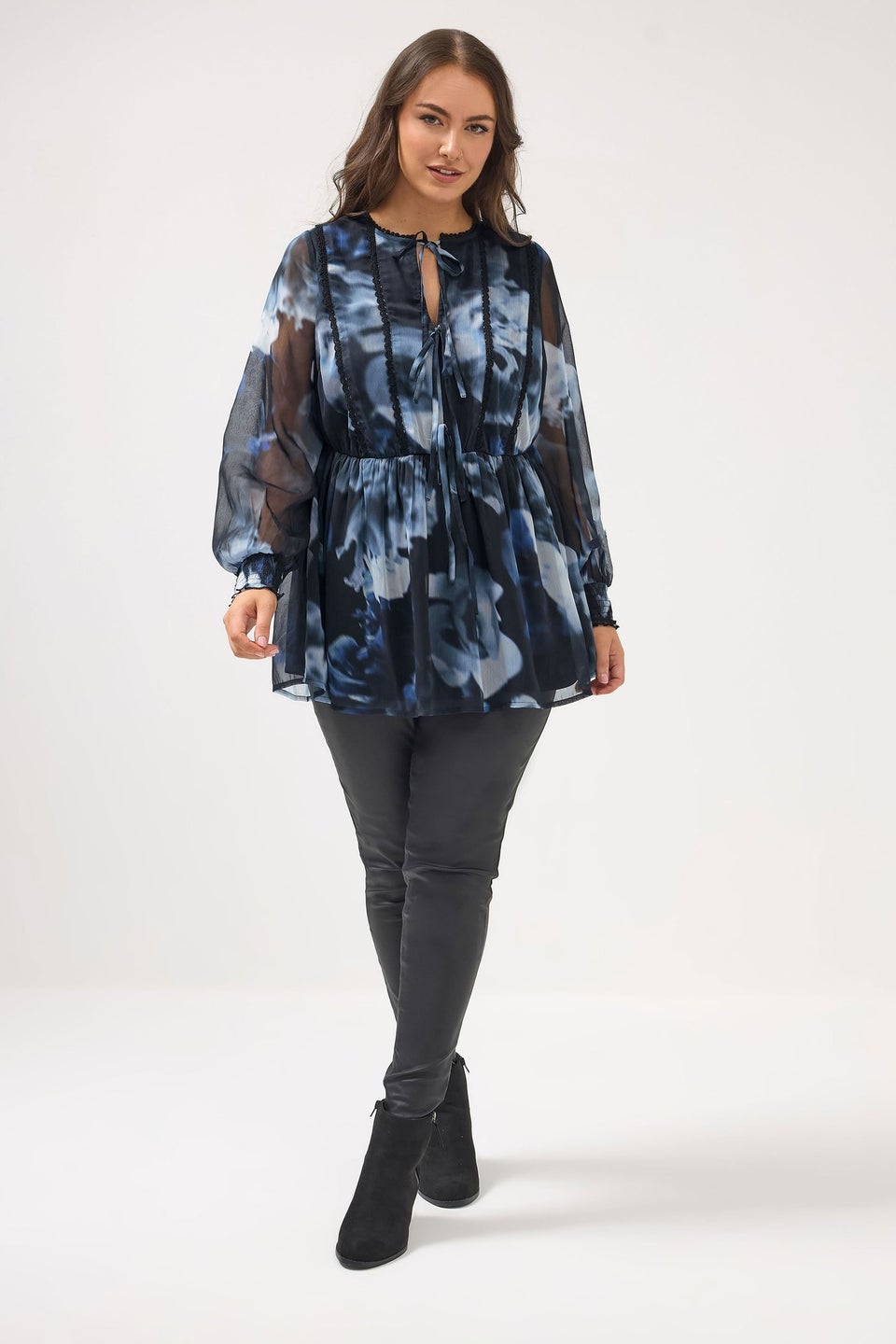 Yours Curve Black Blurred Floral Tie Front Blouse