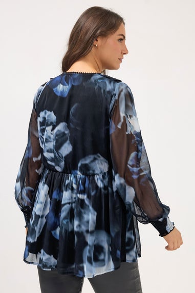 Yours Curve Black Blurred Floral Tie Front Blouse