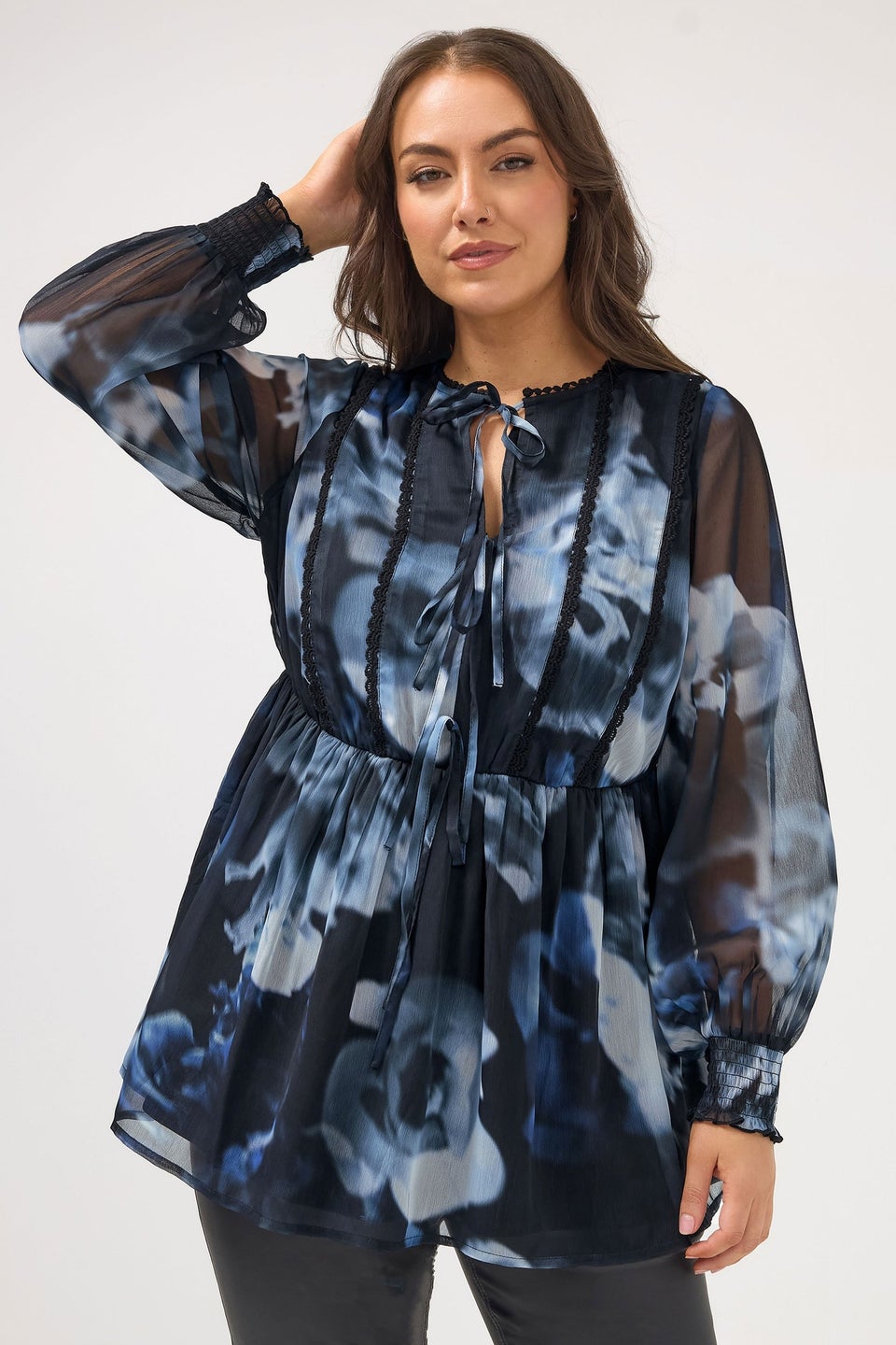 Yours Curve Black Blurred Floral Tie Front Blouse