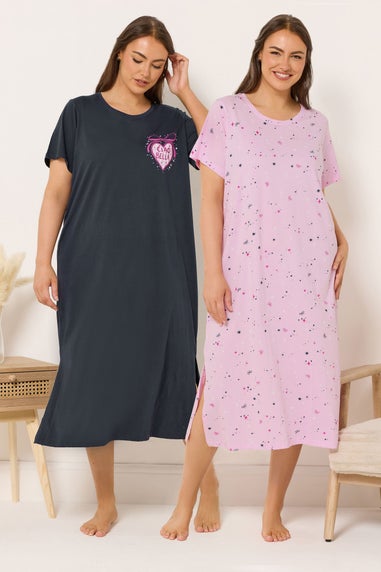 Yours 2 Pack Curve Navy Blue 'Ciao Bella' Midaxi Nightdresses