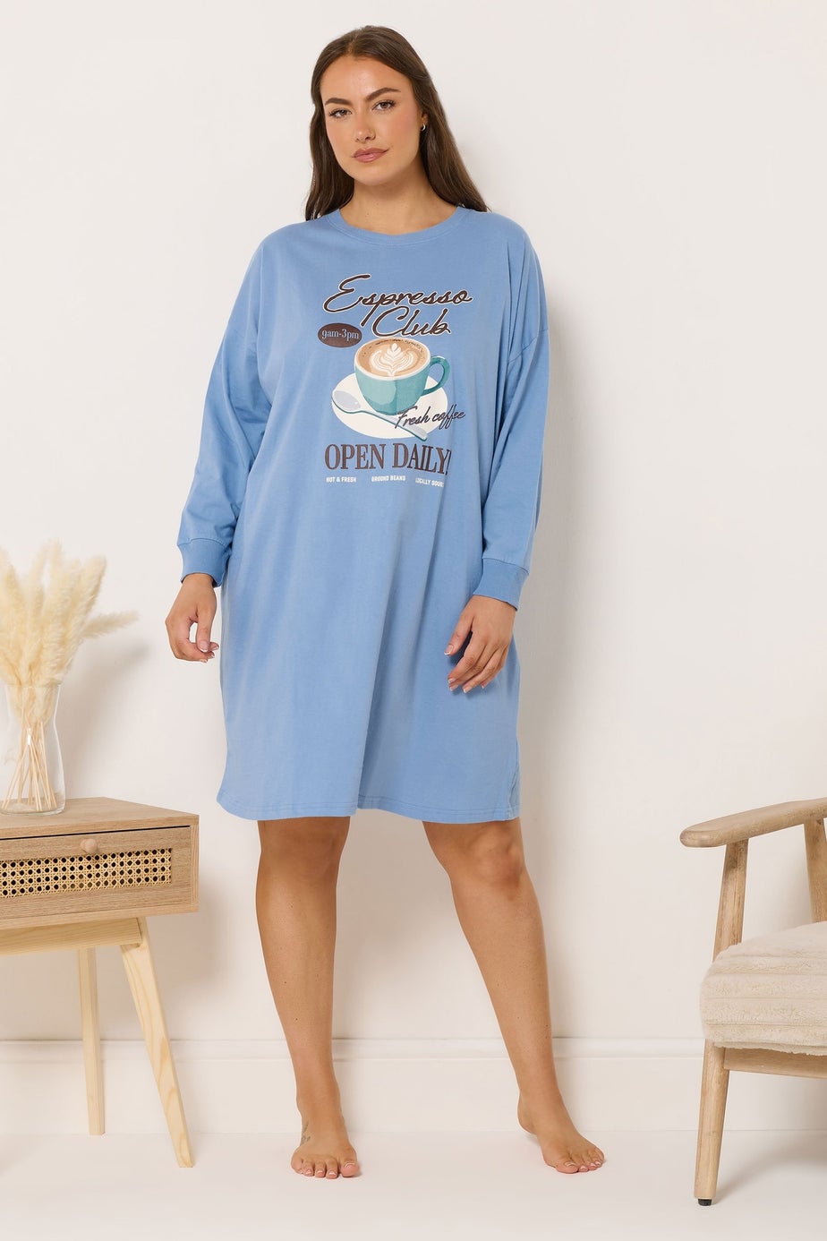 Yours Curve Blue 'Espresso Club' Long Sleeve Nightdress