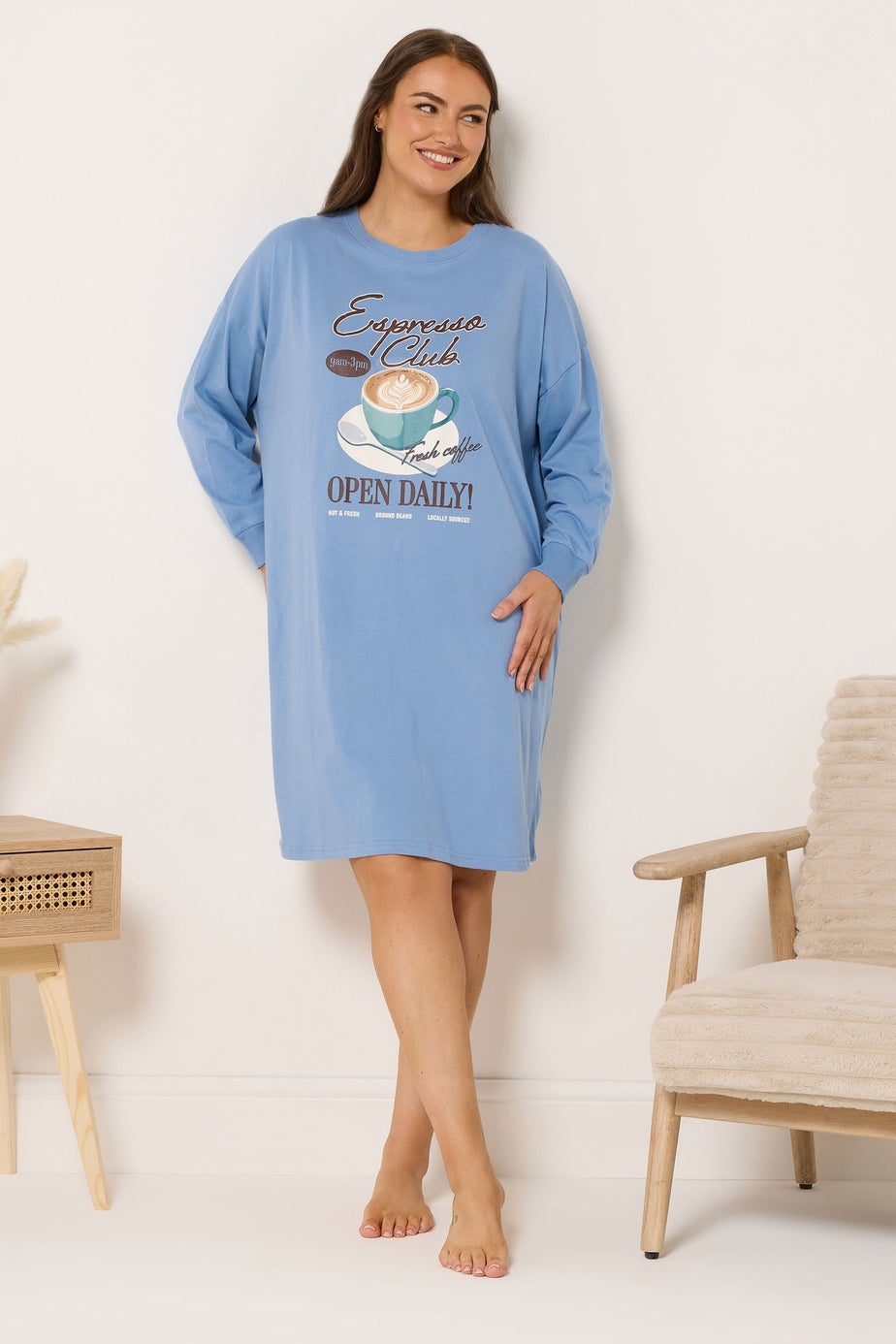 Yours Curve Blue 'Espresso Club' Long Sleeve Nightdress