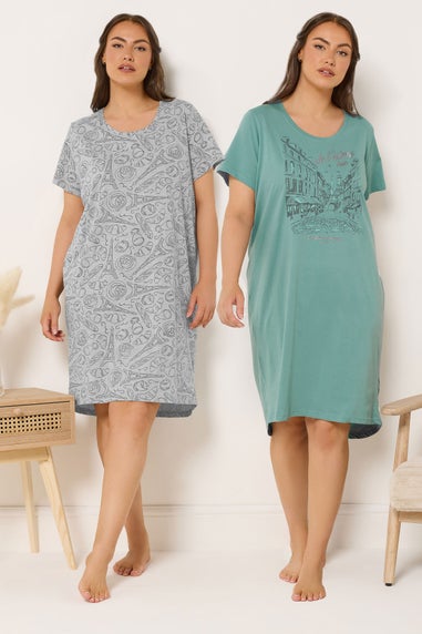 Yours Curve 2 Pack Green Paris Scene Nightdresses
