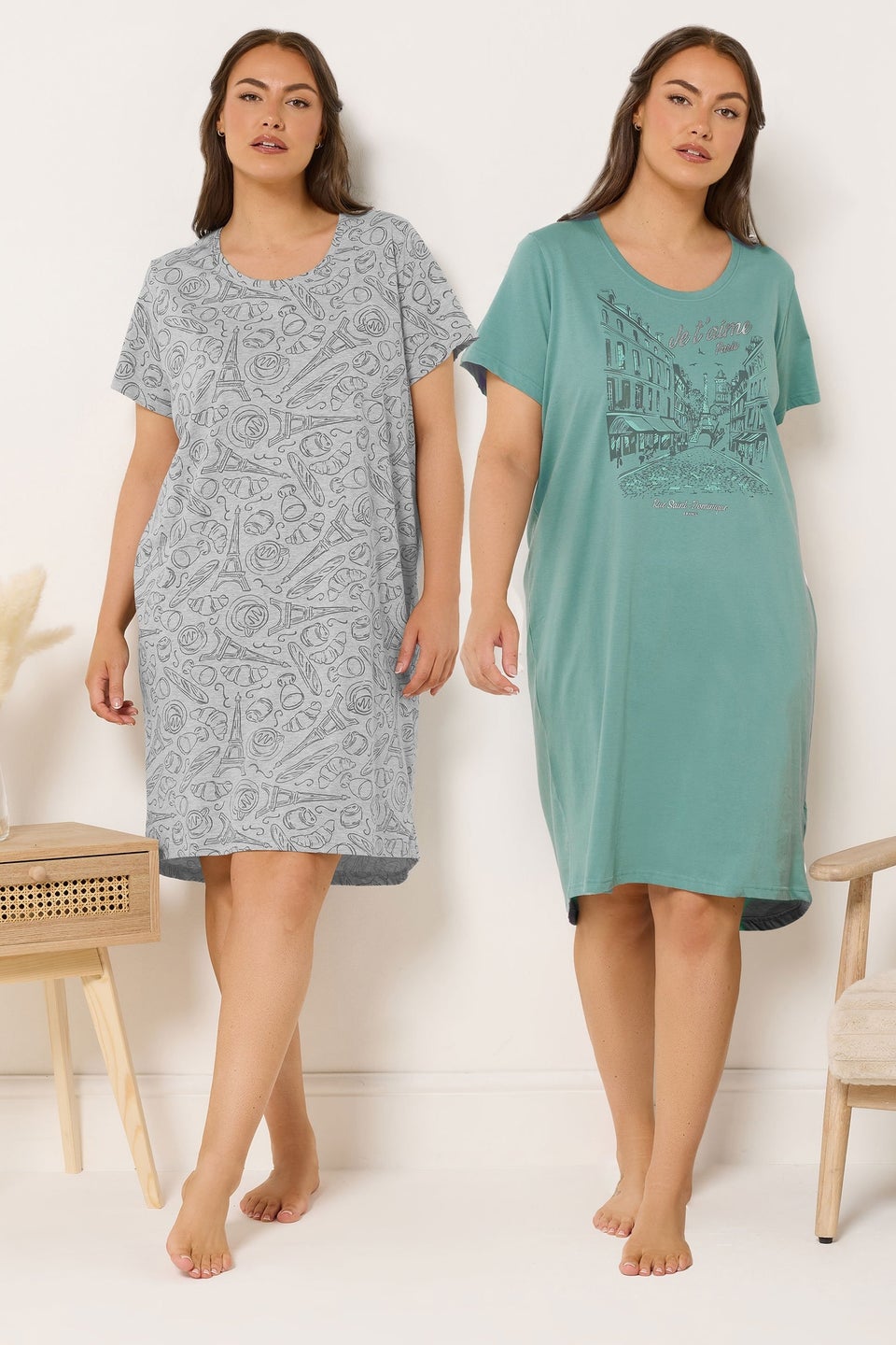Yours Curve 2 Pack Green Paris Scene Nightdresses