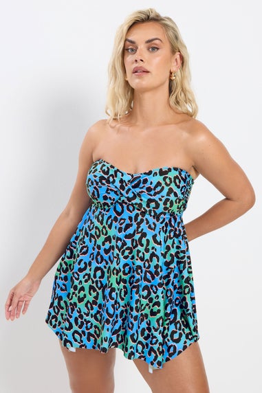 Yours Curve Blue & Green Leopard Print Tankini Top