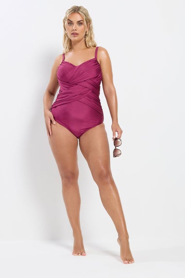 Yours Curve Burgundy Red Super Sculpt Crossover Swimsuit