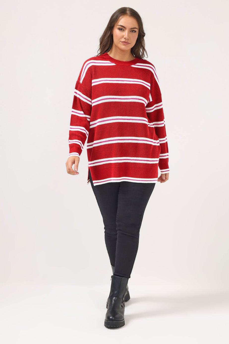 Yours Curve Red Stripe Drop Shoulder Knitted Jumper