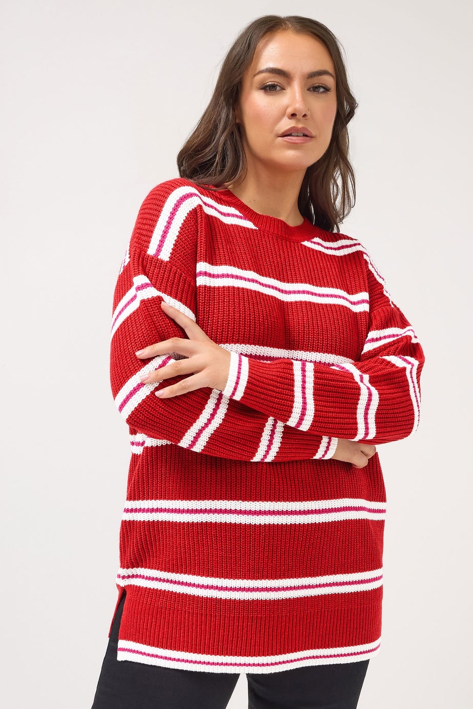 Yours Curve Red Stripe Drop Shoulder Knitted Jumper