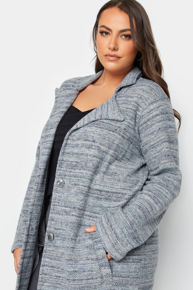 Yours Luxury Curve Blue Marl Button Front Midi Jacket