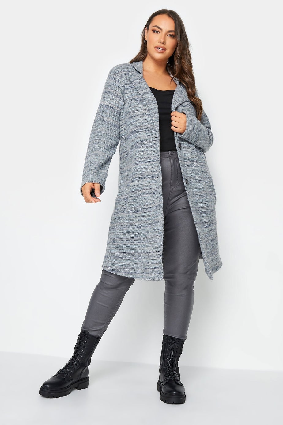 Yours Luxury Curve Blue Marl Button Front Midi Jacket
