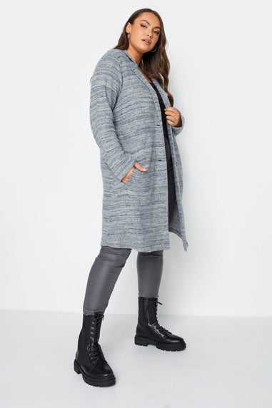 Yours Luxury Curve Blue Marl Button Front Midi Jacket