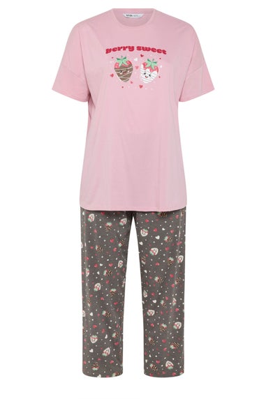 Yours Curve Pink 'Berry Sweet' Wide Leg Pyjama Set