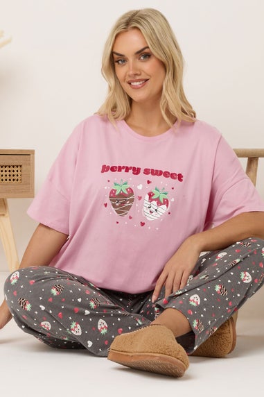 Yours Curve Pink 'Berry Sweet' Wide Leg Pyjama Set