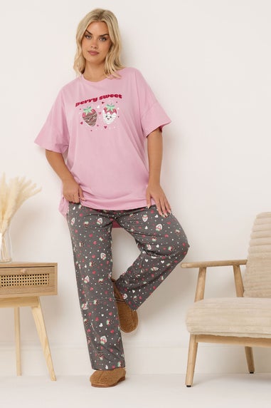 Yours Curve Pink 'Berry Sweet' Wide Leg Pyjama Set