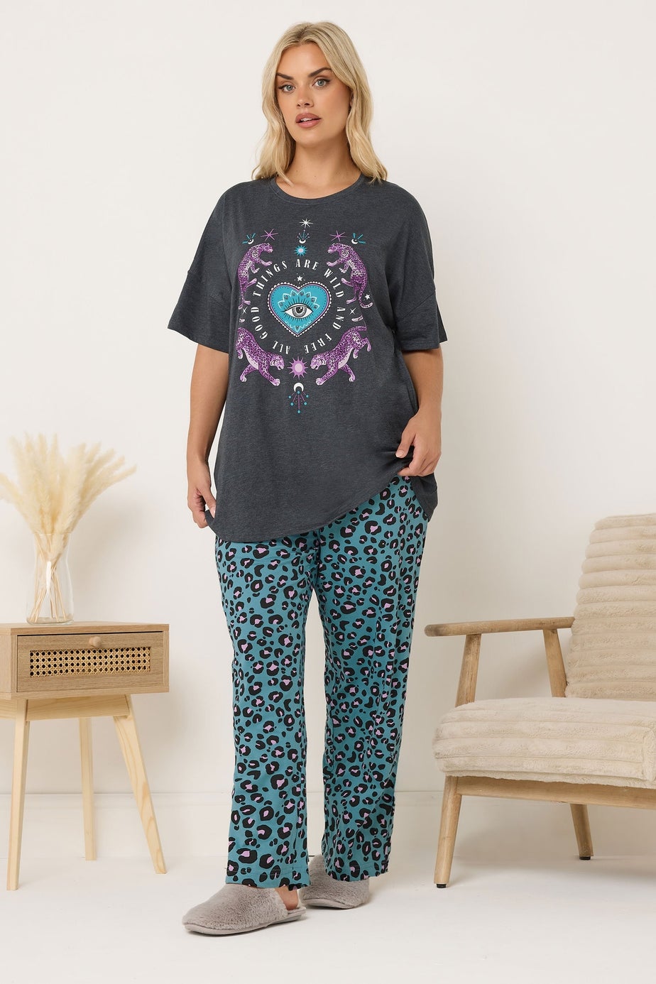 Yours Curve Charcoal Grey 'Wild And Free' Leopard Wide Leg Pyjama Set