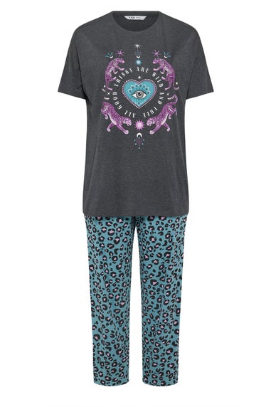 Yours Curve Charcoal Grey 'Wild And Free' Leopard Wide Leg Pyjama Set
