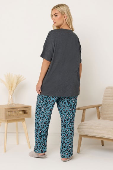 Yours Curve Charcoal Grey 'Wild And Free' Leopard Wide Leg Pyjama Set