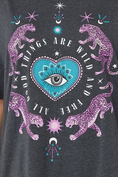 Yours Curve Charcoal Grey 'Wild And Free' Leopard Wide Leg Pyjama Set