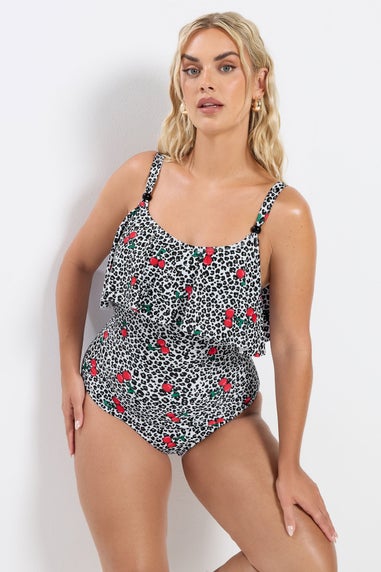 Yours Curve White Leopard Print Frill Swimsuit