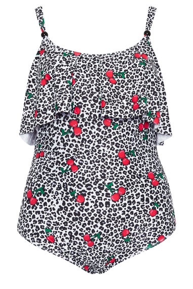 Yours Curve White Leopard Print Frill Swimsuit