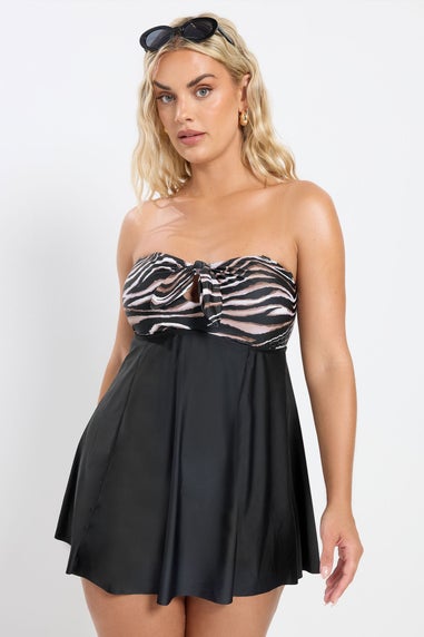 Yours Curve Black Zebra Print Tummy Control Swim Dress