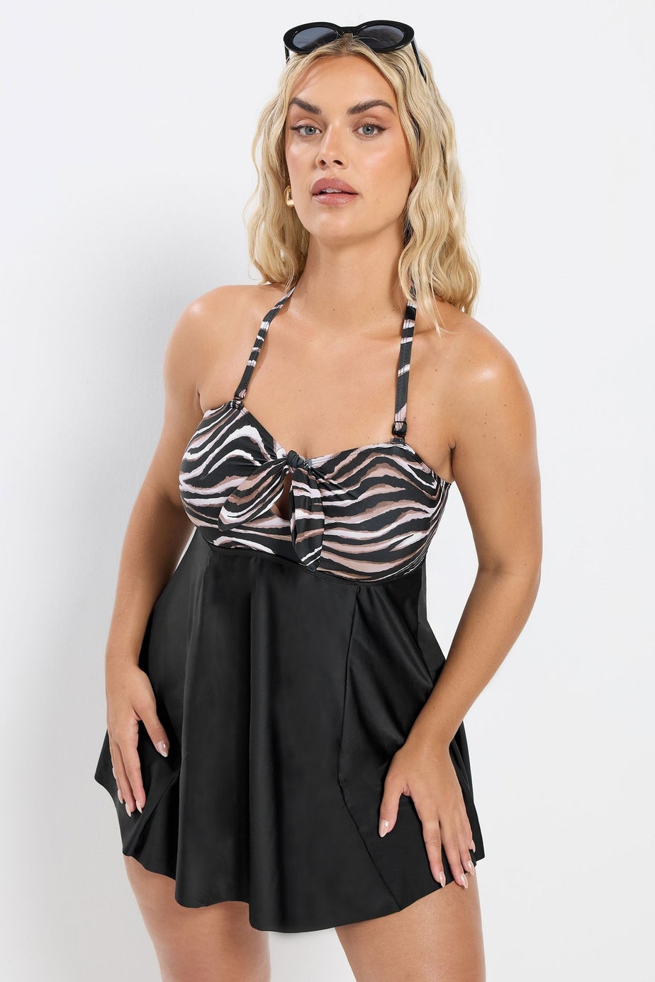 Yours Curve Black Zebra Print Tummy Control Swim Dress