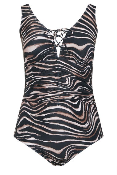 Yours Curve Black Zebra Print Plunge Swimsuit