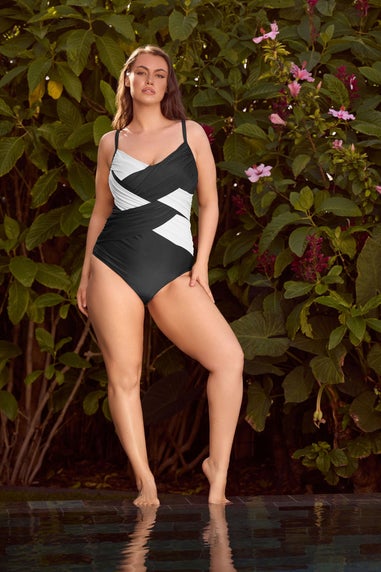Yours Curve Black & White Contrast Super Sculpt Swimsuit