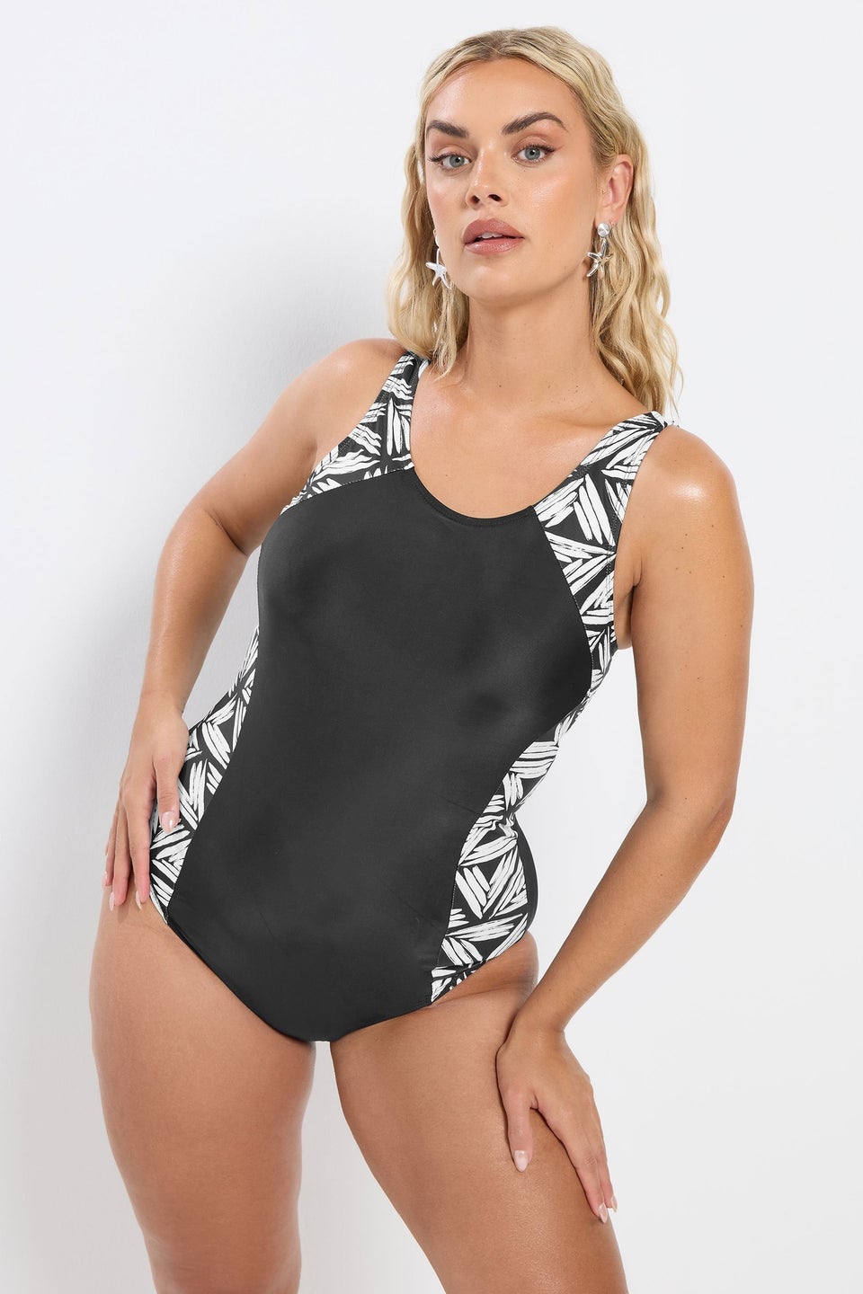 Yours Curve Black Active Abstract Print Swimsuit