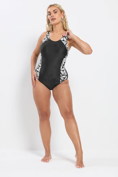 Yours Curve Black Active Abstract Print Swimsuit