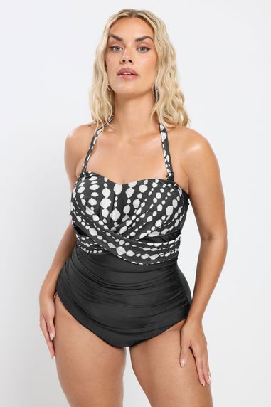 Yours Curve Black Crossover Spot Print Swimsuit