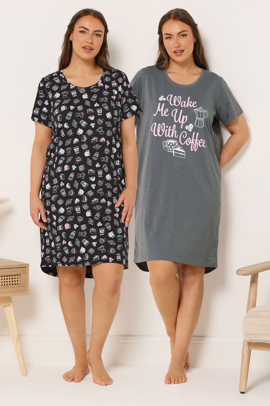 Yours 2 Pack Curve Grey 'Wake Me Up With Coffee' Nightdresses