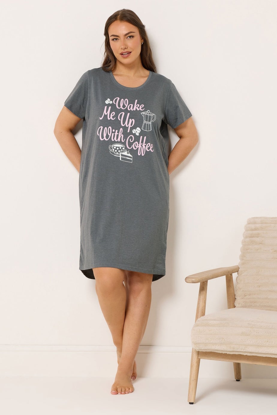 Yours 2 Pack Curve Grey 'Wake Me Up With Coffee' Nightdresses
