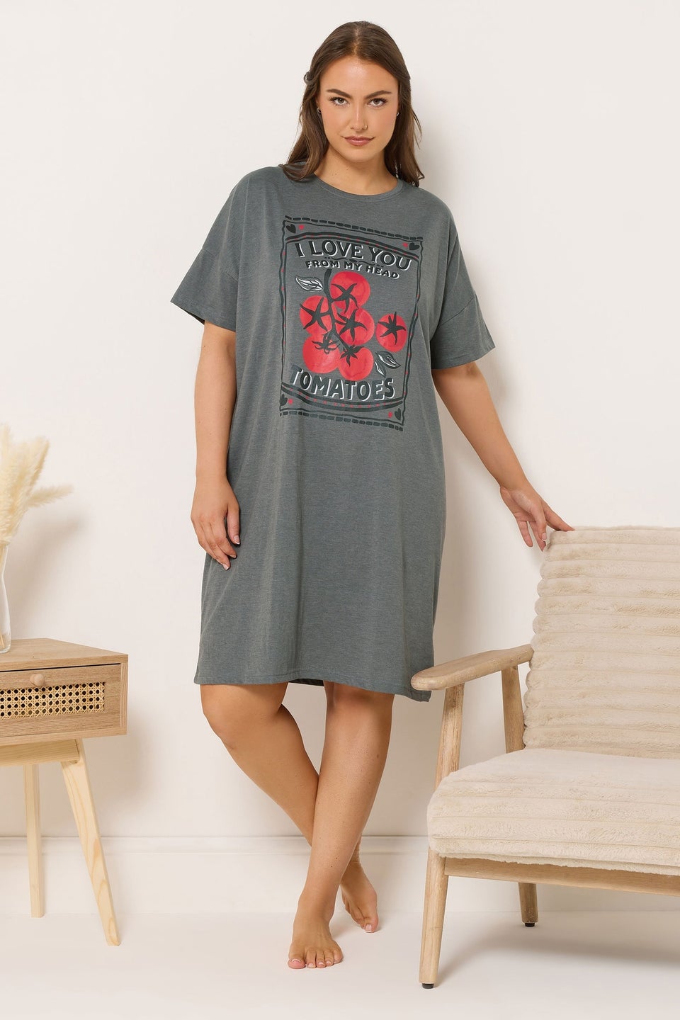 Yours Curve Grey 'I Love You From My Head Tomatoes' Nightdress