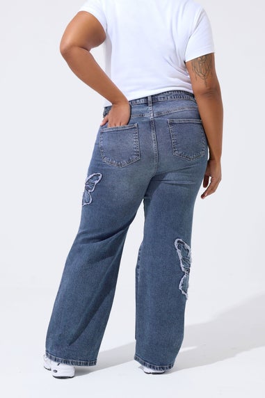 Yours Limited Curve Indigo Blue Denim Butterfly Embroidered Jeans