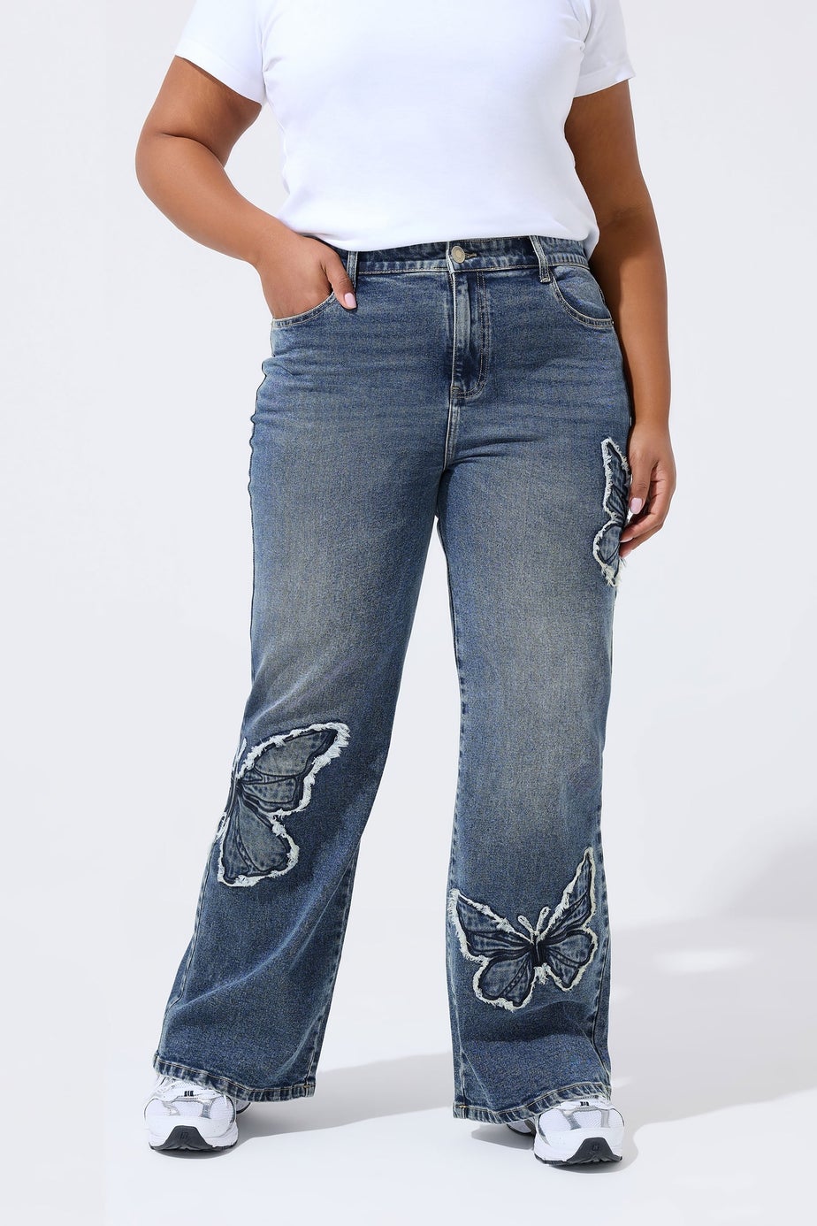Yours Limited Curve Indigo Blue Denim Butterfly Embroidered Jeans