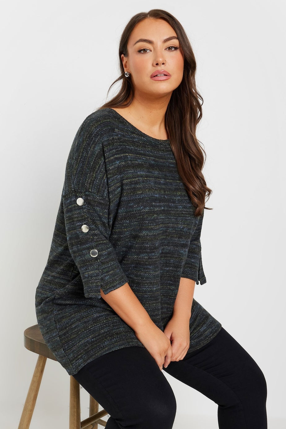 Yours Curve Black Marl Button Sleeve Soft Touch Top