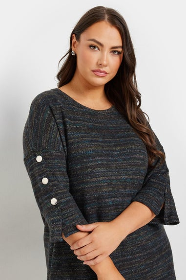 Yours Curve Black Marl Button Sleeve Soft Touch Top