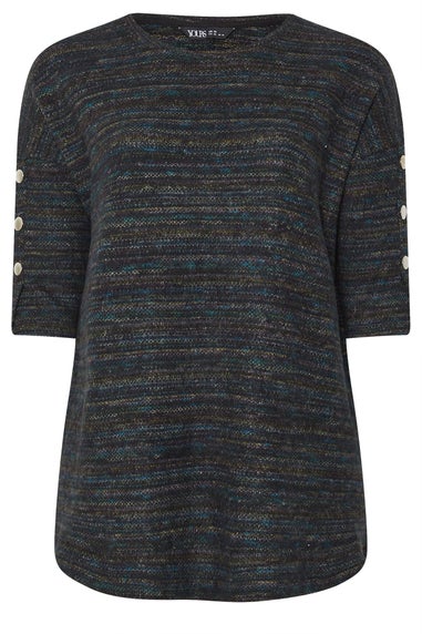 Yours Curve Black Marl Button Sleeve Soft Touch Top