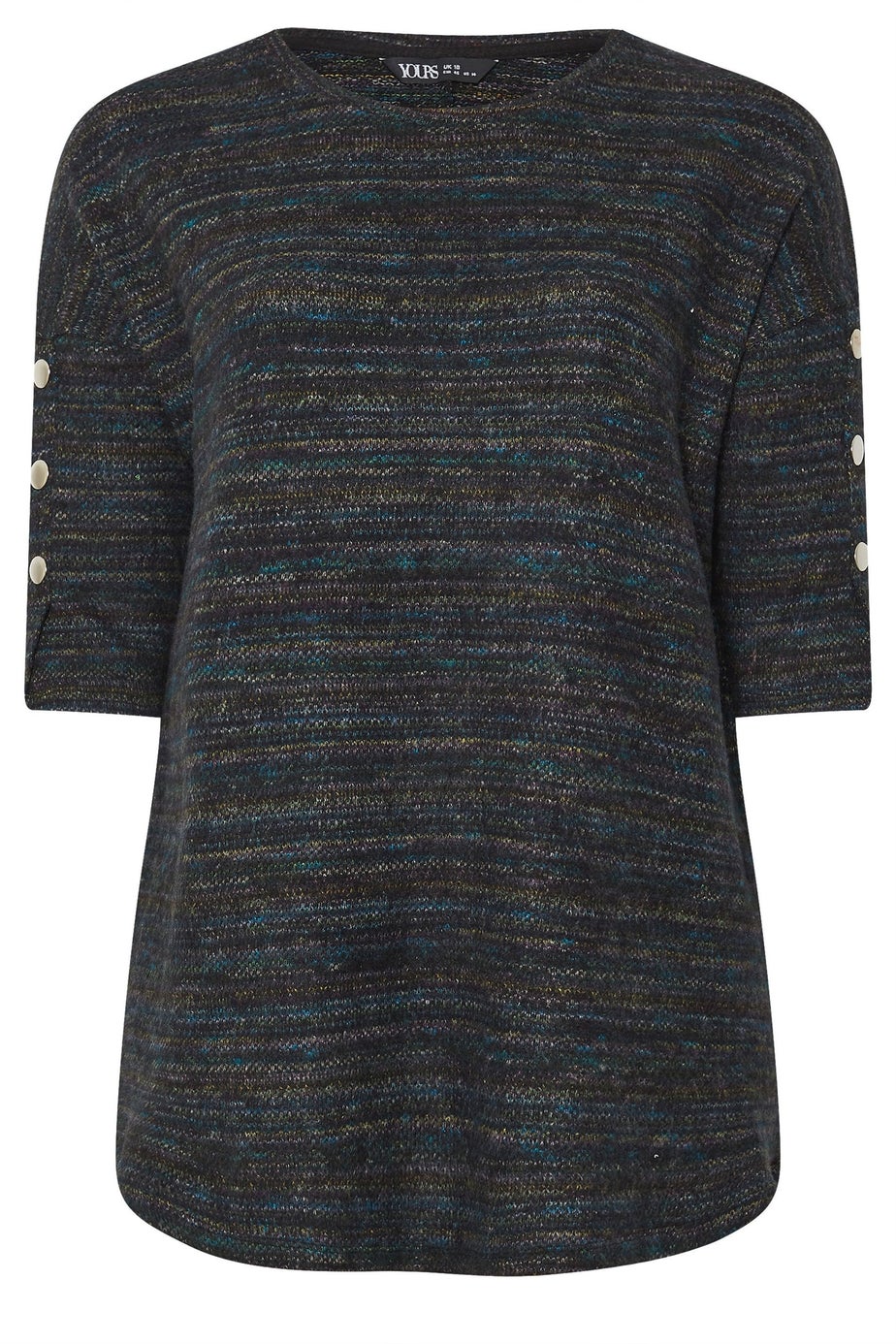 Yours Curve Black Marl Button Sleeve Soft Touch Top