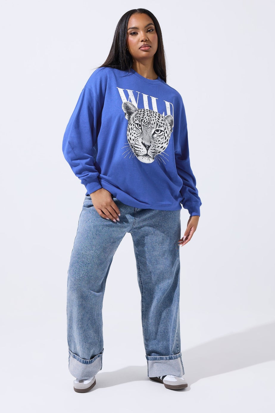 Yours Limited Curve Blue 'Wild' Leopard Graphic Sweatshirt