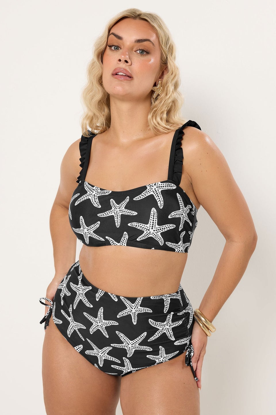 Yours Curve Black Starfish Print Bikini Top