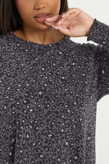 Yours Curve Grey Leopard Print Ribbed Tunic Top